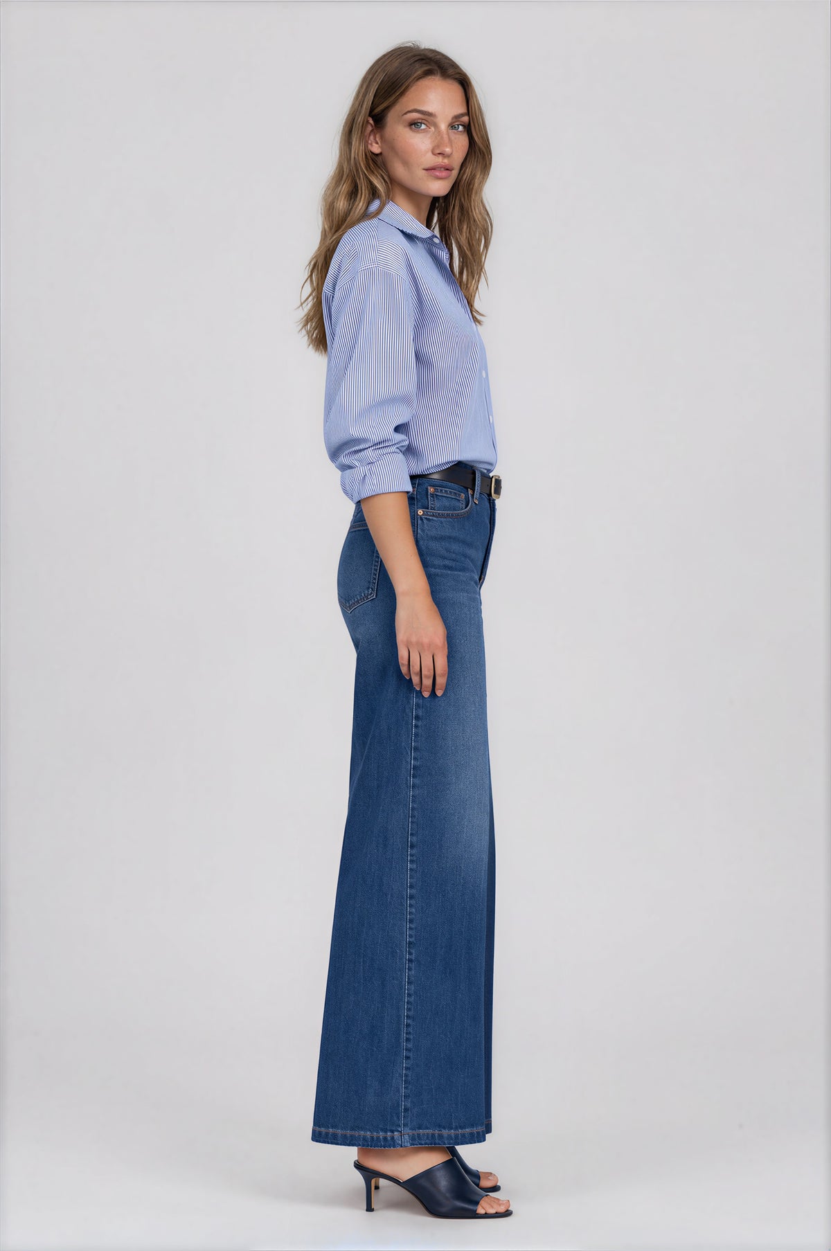 5-Pocket Premium Wide Leg Denim in Medium Blue Wash | Carreli Jeans®