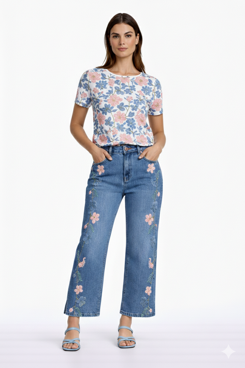 Bleach Wash Premium Denim Ankle Kick Flair with Embroideries | Carreli Jeans®