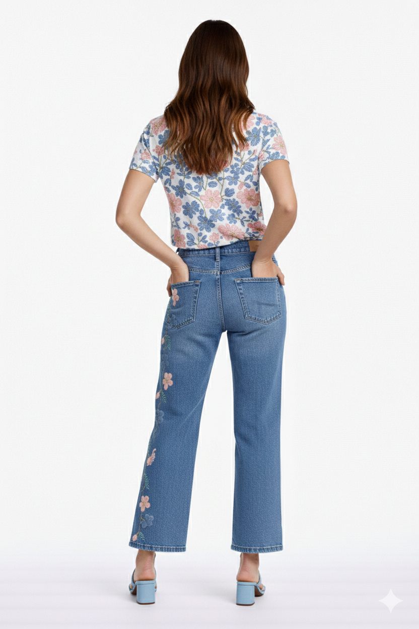 Bleach Wash Premium Denim Ankle Kick Flair with Embroideries | Carreli Jeans®