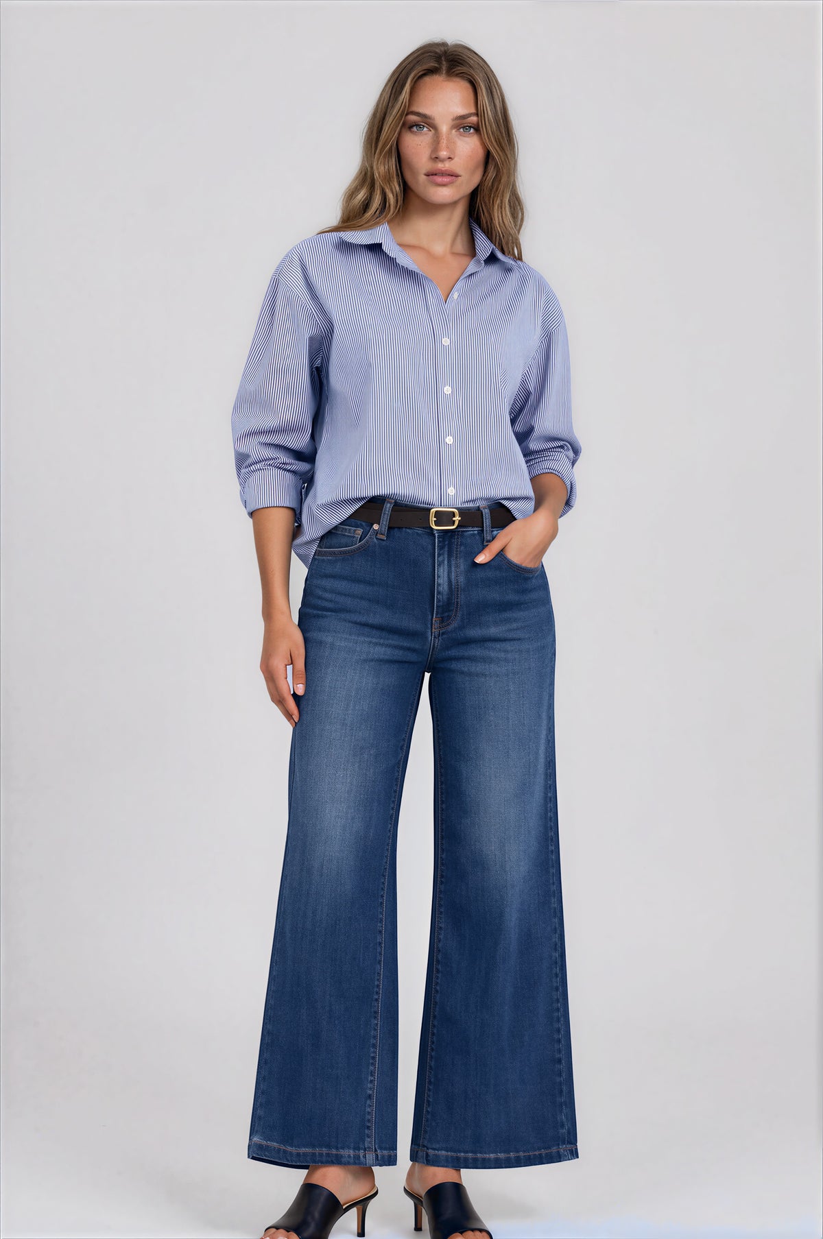 5-Pocket Premium Wide Leg Denim in Medium Blue Wash | Carreli Jeans®