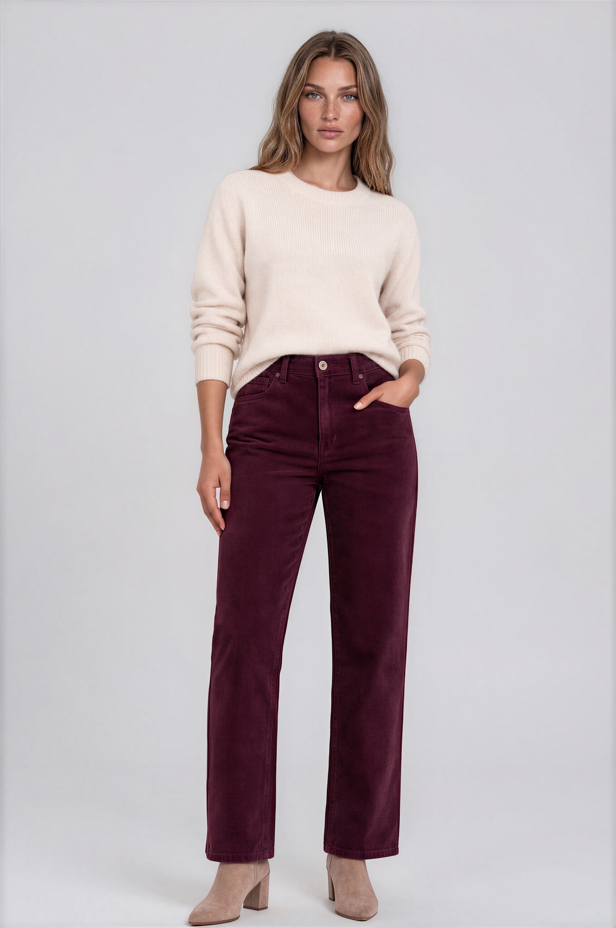 5-Pocket Straight Leg Corduroy Pant in Eggplant | Carreli Jeans®