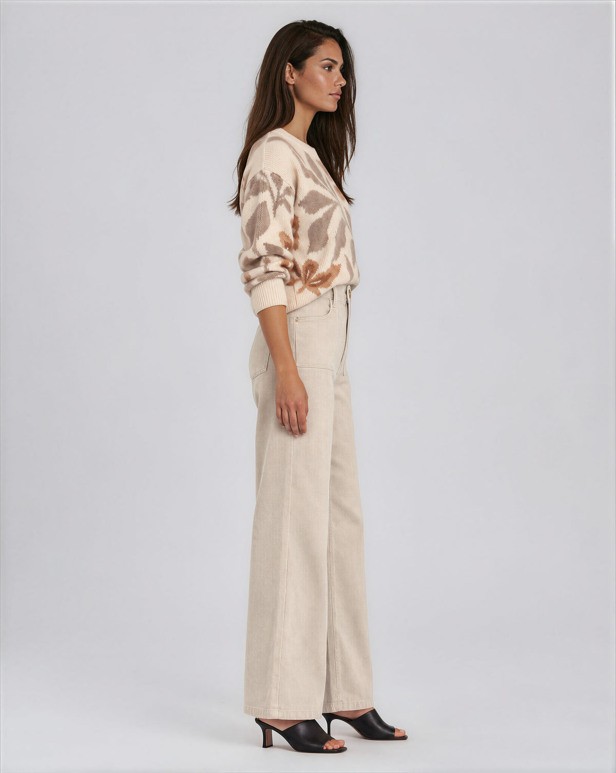Wide Leg Corduroy Pant with Gold Button in Beige | Carreli Jeans®
