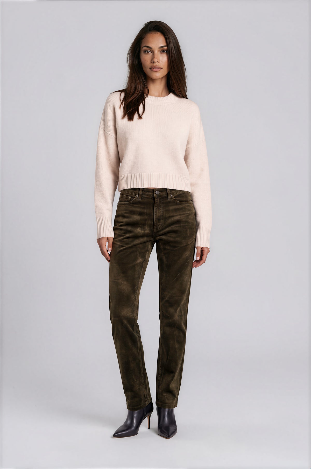 5-Pocket Relaxed Straight Signature Flocking Denim — Olive