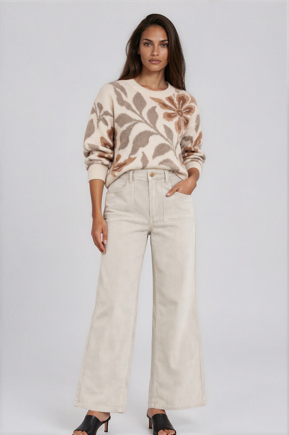 Wide Leg Corduroy Pant with Gold Button in Beige | Carreli Jeans®