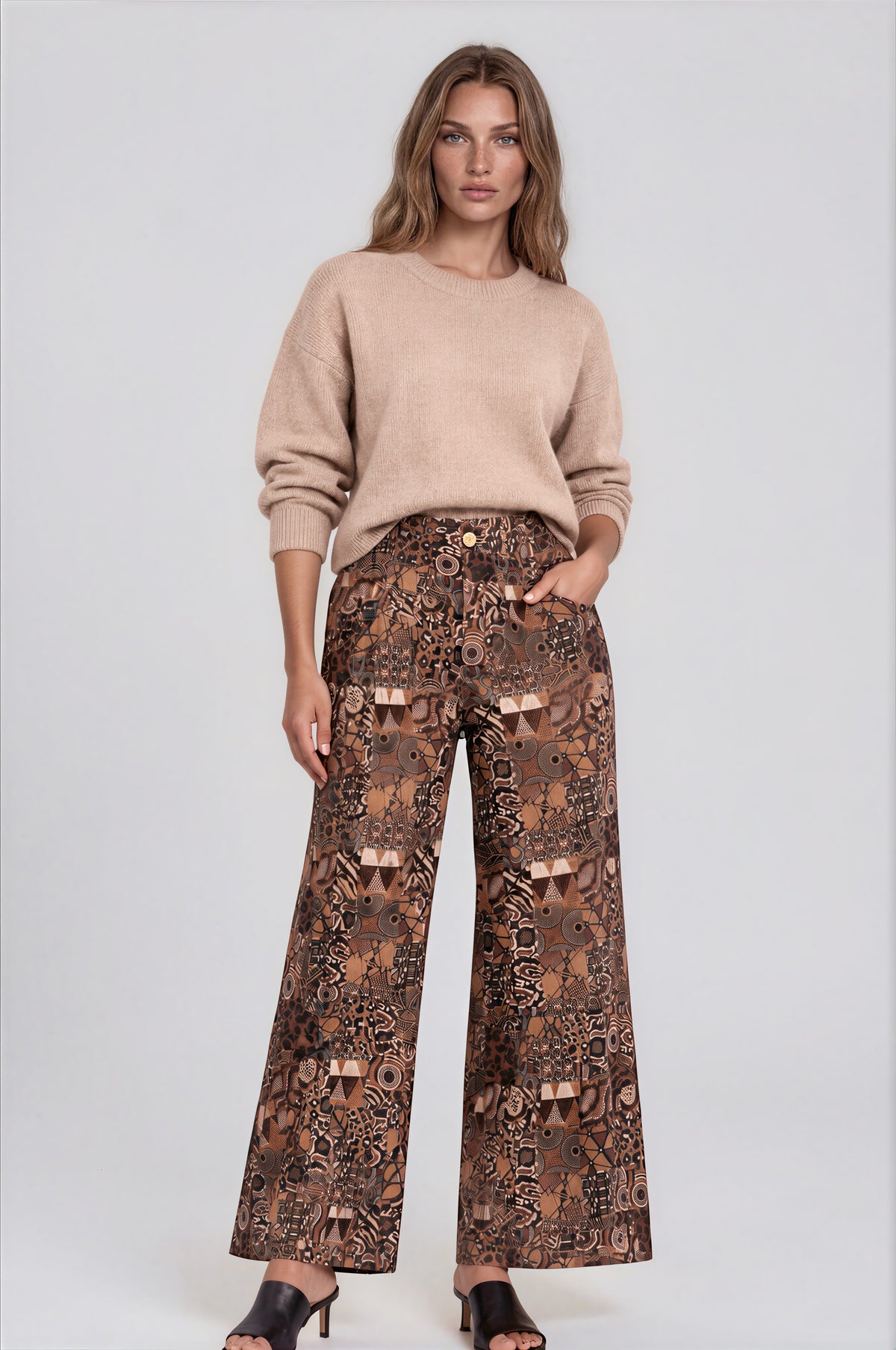 Wide Leg Corduroy Pant with Gold Button in Africa Inspired Print | Carreli Jeans®