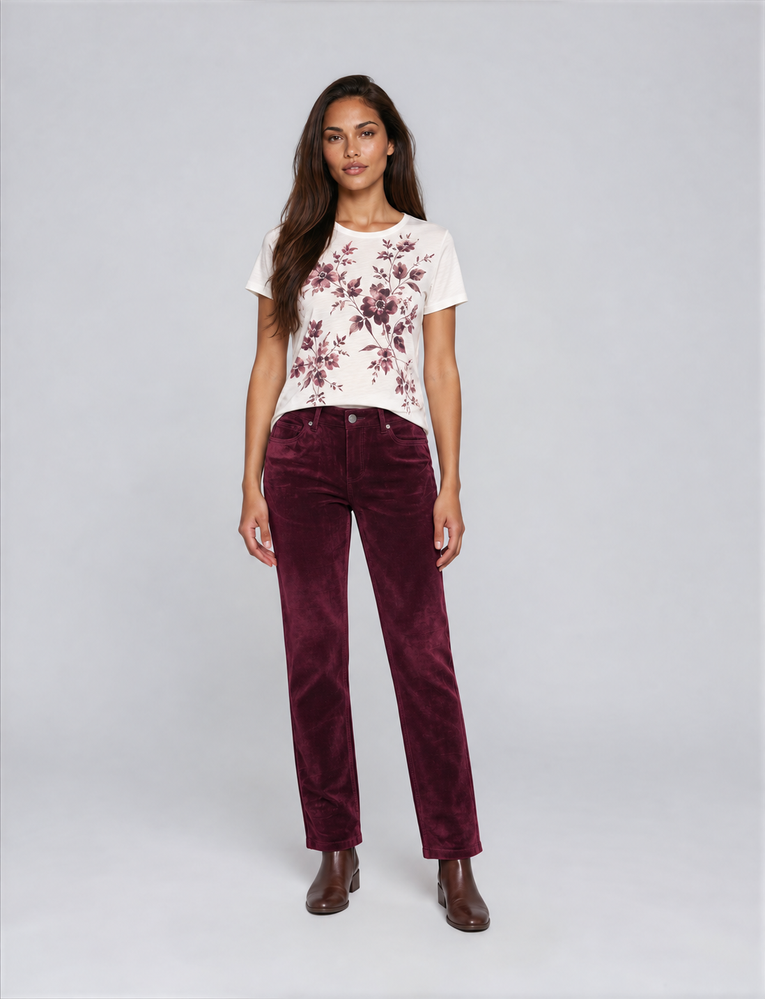 5-Pocket Relaxed Straight Signature Flocking Denim — Wine