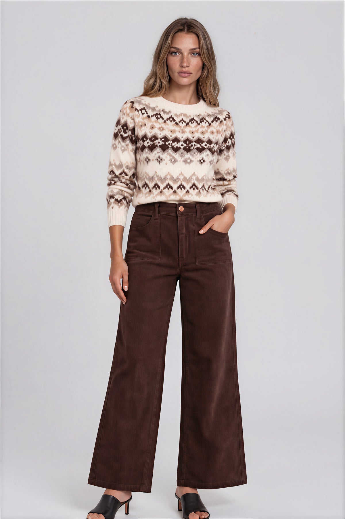 Wide Leg Corduroy Pant with Gold Button — Dark Chocolate | Carreli Jeans®