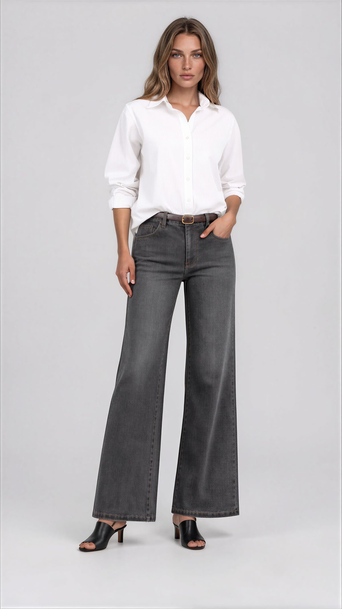 5-Pocket Premium Wide Leg Denim in Grey Wash | Carreli Jeans®