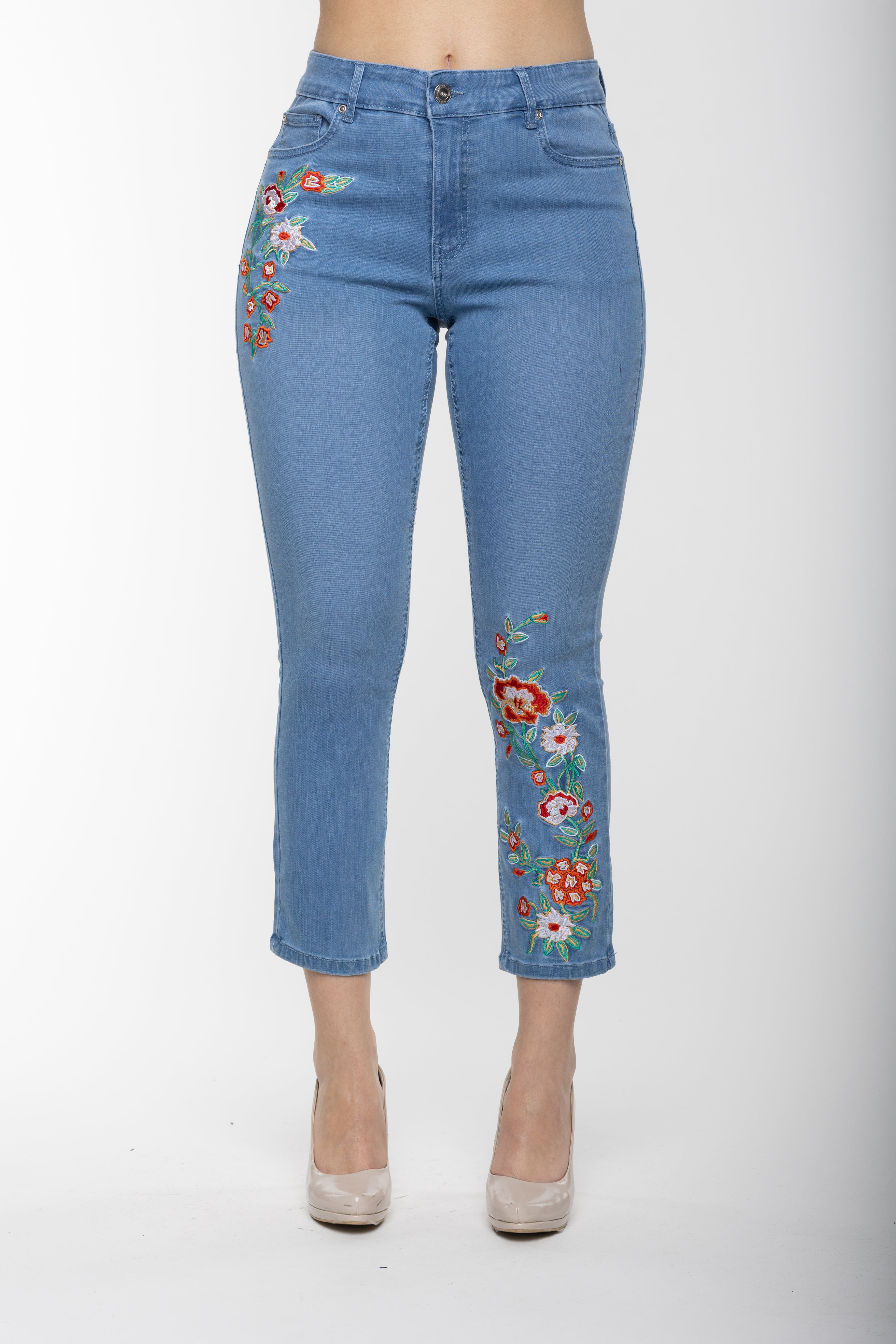 Carreli Jeans® | Angela Fit Ankle Length with Flower Embroideries in Bleach Wash